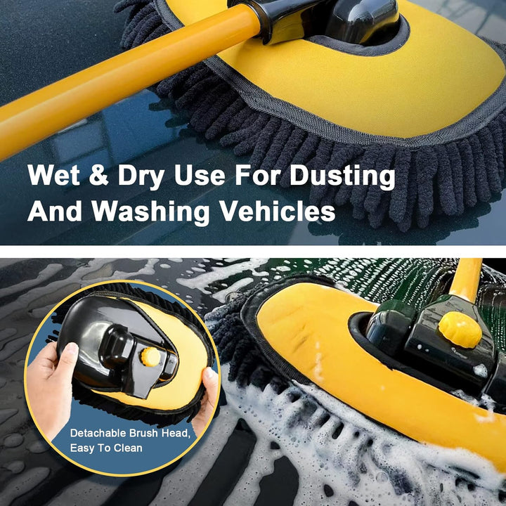 57" Car Wash Brush with Long Handle, 15° Curved Extendable Car Wash Brush with Replaceable Microfiber Mop Head, Portable Car Washing Brush Kit with Storage Bag for RV Truck Camper Cleaning
