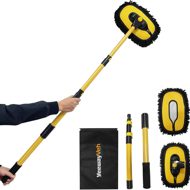 57" Car Wash Brush with Long Handle, 15° Curved Extendable Car Wash Brush with Replaceable Microfiber Mop Head, Portable Car Washing Brush Kit with Storage Bag for RV Truck Camper Cleaning